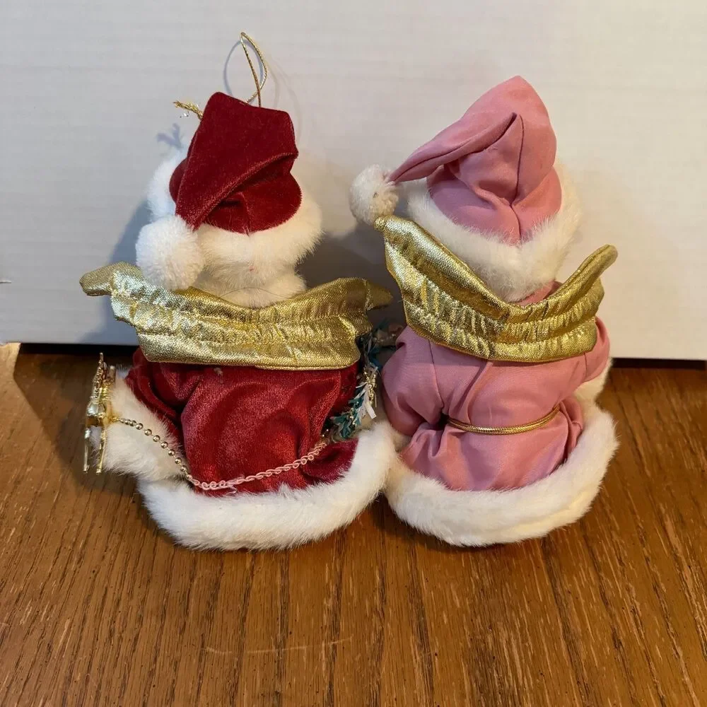 Vintage Pair Porcelain Angel Christmas Dolls Red Pink Gold Wings Holiday Decor